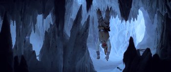 Movie still from “Star Wars: Episode V - The Empire Strikes Back” (1980), directed by Irvin Kershner – A man hanging upside down in the snow; Wide shot, Low angle