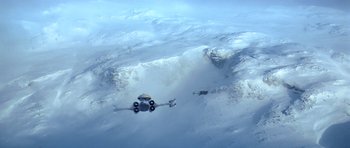 Movie still from “Star Wars: Episode V - The Empire Strikes Back” (1980), directed by Irvin Kershner – An image of an airplane flying in the sky; Extreme Wide shot, Overhead angle