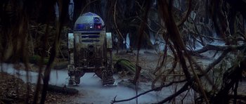 Movie still from “Star Wars: Episode V - The Empire Strikes Back” (1980), directed by Irvin Kershner – An r 2 - d 2 is standing in the middle of a forest; Wide shot, Low angle