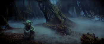 Movie still from “Star Wars: Episode V - The Empire Strikes Back” (1980), directed by Irvin Kershner – An image of an image of a scene in the woods; Extreme Wide shot, High angle