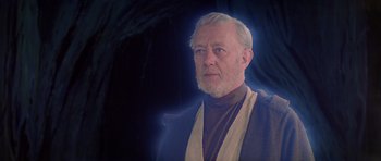 Movie still from “Star Wars: Episode V - The Empire Strikes Back” (1980), directed by Irvin Kershner – An older man with a gray beard wearing a robe; Close Up shot, Low angle