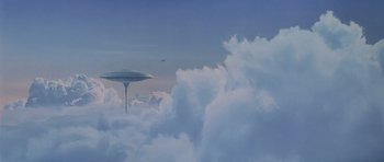 Movie still from “Star Wars: Episode V - The Empire Strikes Back” (1980), directed by Irvin Kershner – An image of an alien spaceship flying in the sky; Extreme Wide shot, Low angle