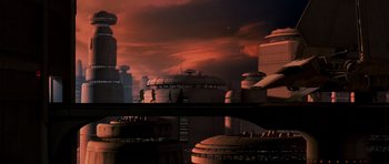 A view of a city from the ground up
