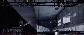 Movie still from “Star Wars: Episode VI - Return of the Jedi” (1983), directed by Richard Marquand – A building that has a lot of lights in it; Extreme Wide shot, Overhead angle