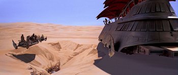 Movie still from “Star Wars: Episode VI - Return of the Jedi” (1983), directed by Richard Marquand – An image of an old ship in the desert; Extreme Wide shot, High angle