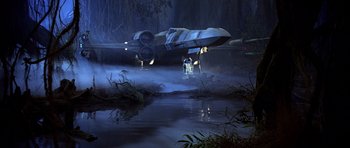 Movie still from “Star Wars: Episode VI - Return of the Jedi” (1983), directed by Richard Marquand – An x - wing starfighter in the middle of a swamp; Extreme Wide shot, High angle