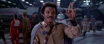 Movie still from “Star Wars: Episode VI - Return of the Jedi” (1983), directed by Richard Marquand – Lando calrissian in star wars : episode iv - a new hope; Close Up shot, Over the shoulder angle