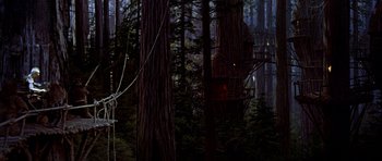 Movie still from “Star Wars: Episode VI - Return of the Jedi” (1983), directed by Richard Marquand – A tree house in the middle of the forest; Extreme Wide shot, Low angle