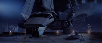 Movie still from “Star Wars: Episode VI - Return of the Jedi” (1983), directed by Richard Marquand – A darth vader standing in front of a space ship; Extreme Wide shot, Low angle