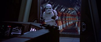 Movie still from “Star Wars: Episode VI - Return of the Jedi” (1983), directed by Richard Marquand – An image of a star wars scene; Wide shot, Over the shoulder angle