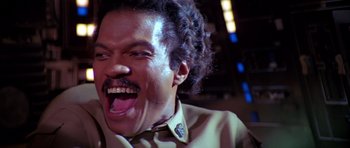 Movie still from “Star Wars: Episode VI - Return of the Jedi” (1983), directed by Richard Marquand – A person sticking out his tongue; Close Up shot, Low angle