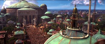 An aerial view of a city with many domes