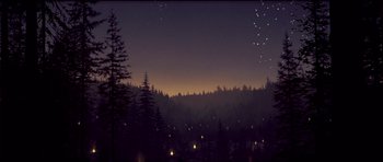 Movie still from “Star Wars: Episode VI - Return of the Jedi” (1983), directed by Richard Marquand – A forest filled with lots of trees at night; Extreme Wide shot, High angle