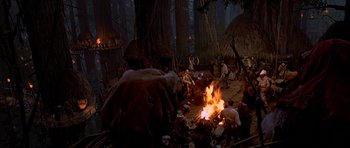 Movie still from “Star Wars: Episode VI - Return of the Jedi” (1983), directed by Richard Marquand – A group of people sitting around a fire in the woods; Extreme Wide shot, High angle