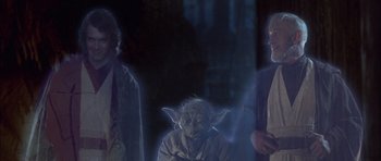 Movie still from “Star Wars: Episode VI - Return of the Jedi” (1983), directed by Richard Marquand – A group of people standing next to each other in a room; Wide shot, Over the shoulder angle