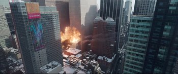 Movie still from “Sully” (2016), directed by Clint Eastwood – An aerial view of a fire in a city; Extreme Wide shot, High angle