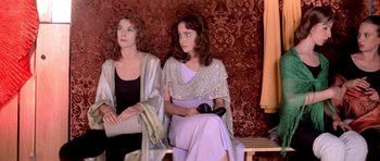 Movie still from “Suspiria” (1977), directed by Dario Argento – Two women sitting next to each other on a bench; Medium shot, High angle
