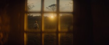 Movie still from “Tess” (1979), directed by Roman Polanski – A person standing in a field looking out a window at the sunset; Wide shot, Over the shoulder angle