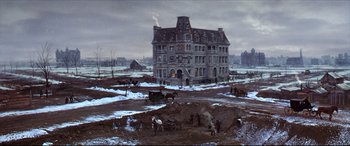 Movie still from “The Age of Innocence” (1993), directed by Martin Scorsese – A painting of an old building with horses and carriages in front of it; Extreme Wide shot, High angle