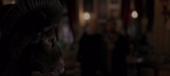 Movie still from “10 Days of a Good Man” (2023), directed by Uluç Bayraktar – An image of an animal head in the background; Close Up shot, Over the shoulder angle