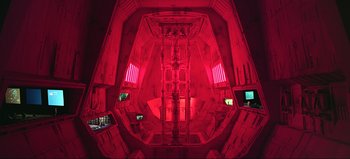 Movie still from “2001: A Space Odyssey” (1968), directed by Stanley Kubrick – A room that has a lot of lights in it; Extreme Wide shot, Low angle