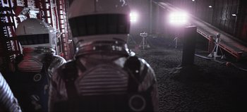 Movie still from “2001: A Space Odyssey” (1968), directed by Stanley Kubrick – A train is shown in the middle of the night; Wide shot, High angle