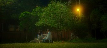 Movie still from “20th Century Girl” (2022), directed by Woo-ri Bang – Two people sitting on a bench under a tree at night; Extreme Wide shot, High angle