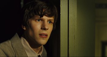 Movie still from “The Double” (2013), directed by Richard Ayoade – Close Up shot, Over the shoulder angle