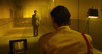Movie still from “The Double” (2013), directed by Richard Ayoade – Wide shot, Over the shoulder angle