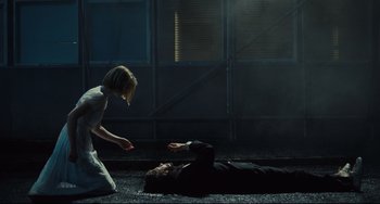 Movie still from “The Double” (2013), directed by Richard Ayoade – Wide shot, Low angle