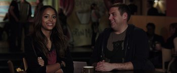 Movie still from “22 Jump Street” (2014), directed by Phil Lord – A man and a woman are sitting at a table; Medium shot, Over the shoulder angle
