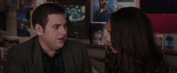 Movie still from “22 Jump Street” (2014), directed by Phil Lord – A man and a woman talking to each other; Close Up shot, Over the shoulder angle