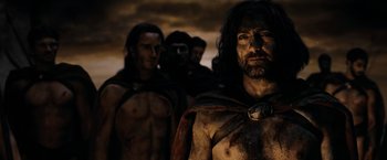 Movie still from “300” (2006), directed by Zack Snyder – A group of men standing next to each other; Close Up shot, Low angle