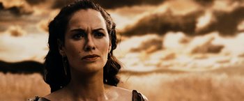 Movie still from “300” (2006), directed by Zack Snyder – A person with a sky in the background; Close Up shot, Low angle