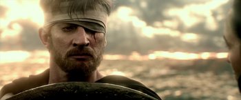 Movie still from “300: Rise of an Empire” (2014), directed by Noam Murro – A person with a blindfold on; Close Up shot, Over the shoulder angle