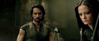 Movie still from “300: Rise of an Empire” (2014), directed by Noam Murro – A person with long black hair; Close Up shot, Over the shoulder angle