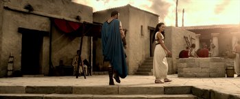 Movie still from “300: Rise of an Empire” (2014), directed by Noam Murro – A man and a woman dressed in ancient roman clothing; Wide shot, Low angle
