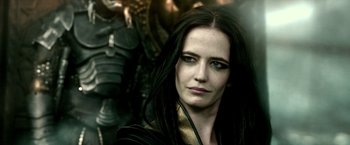 Movie still from “300: Rise of an Empire” (2014), directed by Noam Murro – A person with long black hair; Close Up shot, Over the shoulder angle