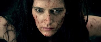 Movie still from “300: Rise of an Empire” (2014), directed by Noam Murro – A person's face covered in blood; Close Up shot, Low angle