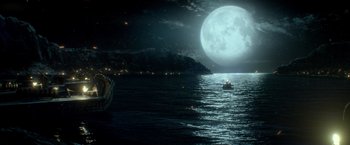 Movie still from “300: Rise of an Empire” (2014), directed by Noam Murro – A boat floating on top of a large body of water; Extreme Wide shot, High angle