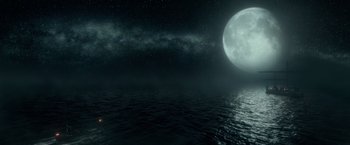 Movie still from “300: Rise of an Empire” (2014), directed by Noam Murro – A full moon over a body of water at night; Extreme Wide shot, High angle