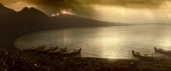 Movie still from “300: Rise of an Empire” (2014), directed by Noam Murro – Two canoes on the shore of a body of water; Extreme Wide shot, High angle