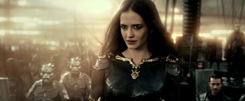 Movie still from “300: Rise of an Empire” (2014), directed by Noam Murro – A person wearing a suit of armor; Close Up shot, Over the shoulder angle