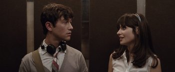 Movie still from “500 Days of Summer” (2009), directed by Marc Webb – A man and a woman standing next to each other in front of an elevator; Close Up shot, Over the shoulder angle