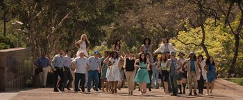 Movie still from “500 Days of Summer” (2009), directed by Marc Webb – A group of people walking down a street; Extreme Wide shot, High angle