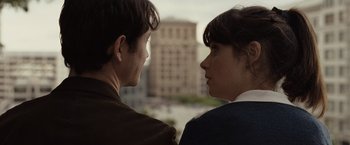 Movie still from “500 Days of Summer” (2009), directed by Marc Webb – A man and a woman looking at one another; Close Up shot, Over the shoulder angle