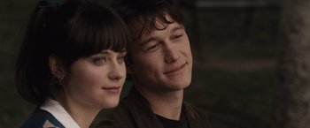 Movie still from “500 Days of Summer” (2009), directed by Marc Webb – A man and a woman are smiling for the camera; Close Up shot, Over the shoulder angle