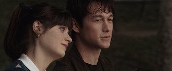 Movie still from “500 Days of Summer” (2009), directed by Marc Webb – A man and a woman looking at the camera; Close Up shot, Over the shoulder angle