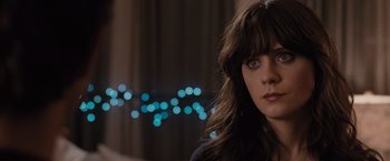 Movie still from “500 Days of Summer” (2009), directed by Marc Webb – A person wearing a blue shirt; Close Up shot, Over the shoulder angle