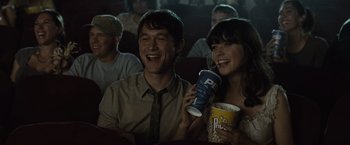 Movie still from “500 Days of Summer” (2009), directed by Marc Webb – A man and a woman sitting next to each other in a movie theater; Medium shot, Over the shoulder angle
